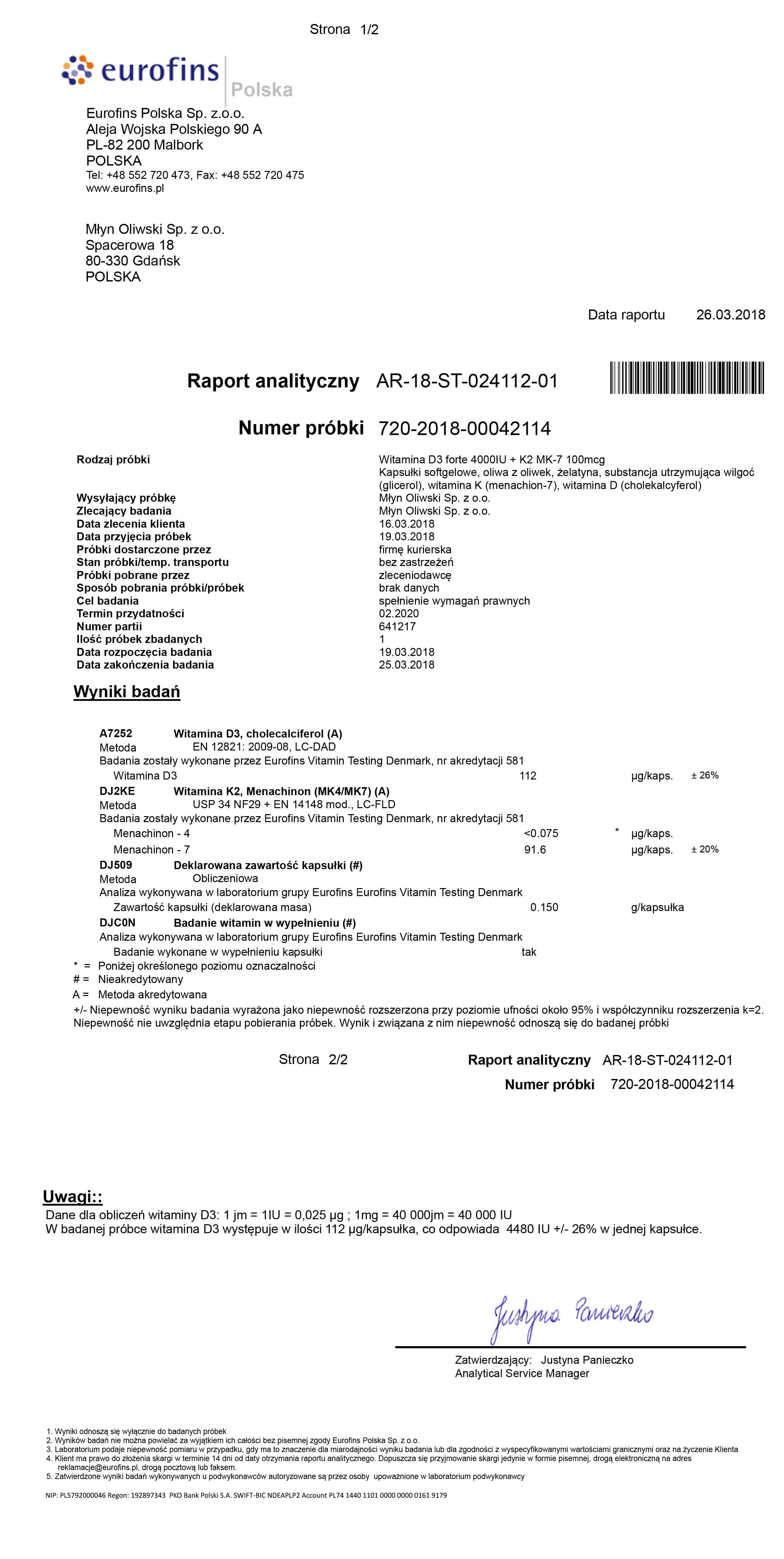 Certyfikat jakości Młyn Oliwski