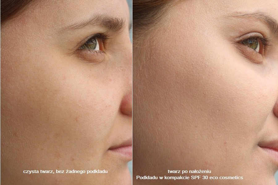 twarz przed i po nałożeniu podkładu w kompakcie eco cosmetics