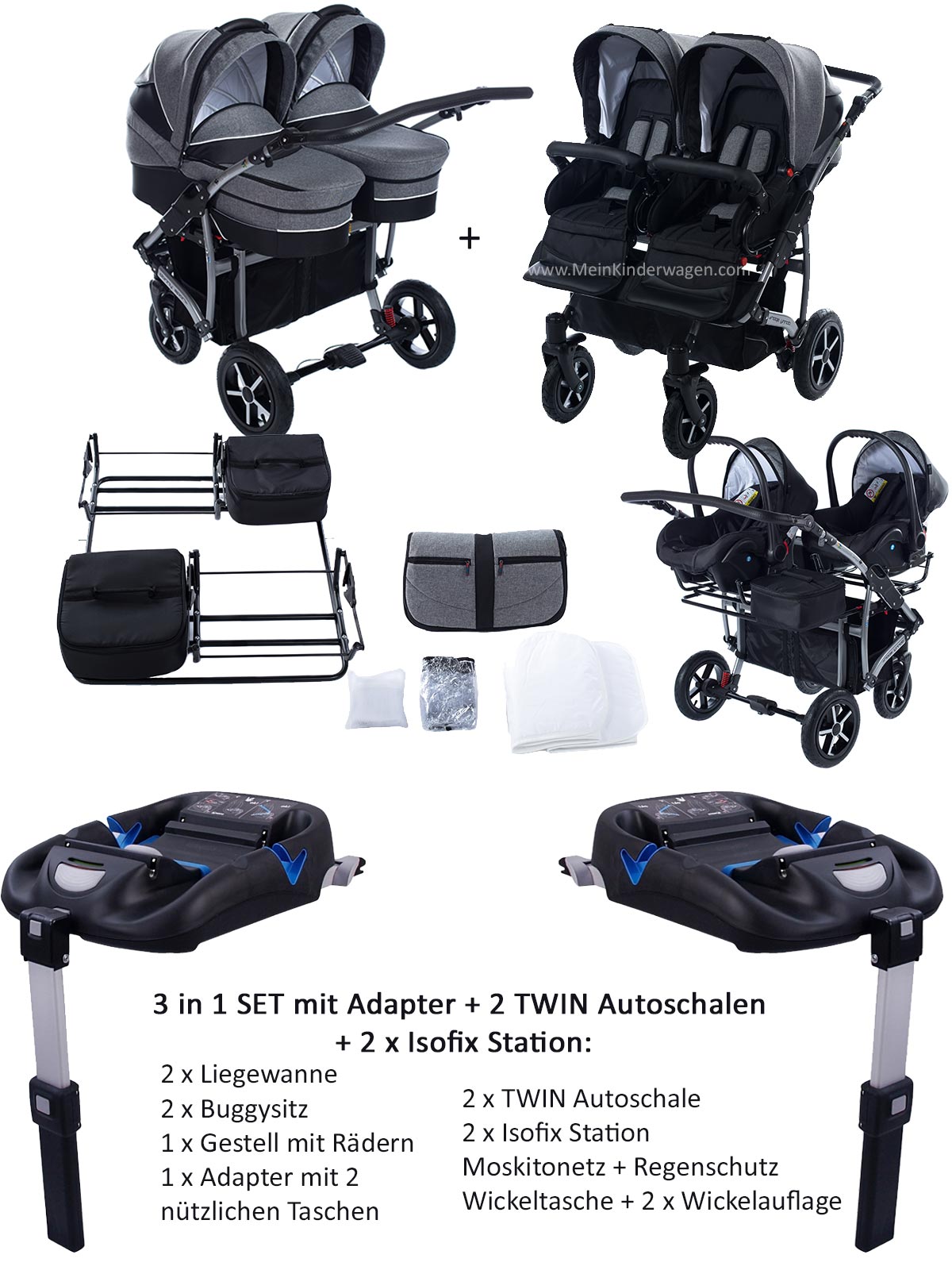 Twin Zwillingswagen 3 in 1 Set mit Adapter +2 Autoschalen+2 isofix Twin Zwillingswagen 3 in 1 Set mit Adapter +2 Autoschalen+2 isofix