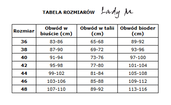 Lady M tabela rozmiarów