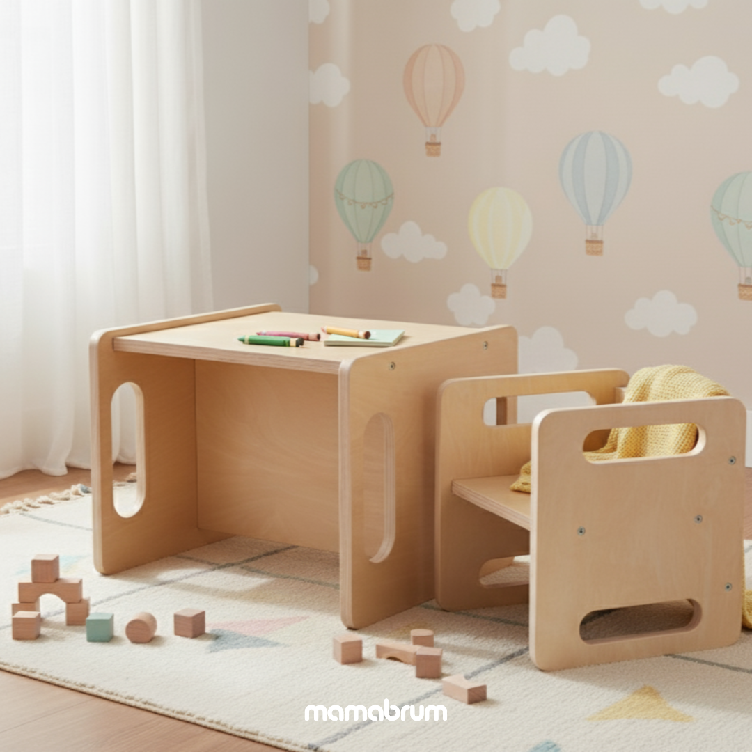 Drewniany stolik i krzesełko z funkcją podestu – multifunkcyjny zestaw Montessori dla dzieci