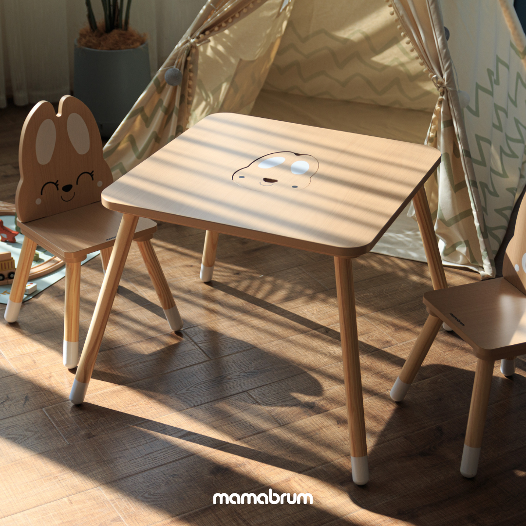 Drewniany stolik ze schowkiem i 2 krzesełka Zestaw dla dzieci - Uroczy Królik