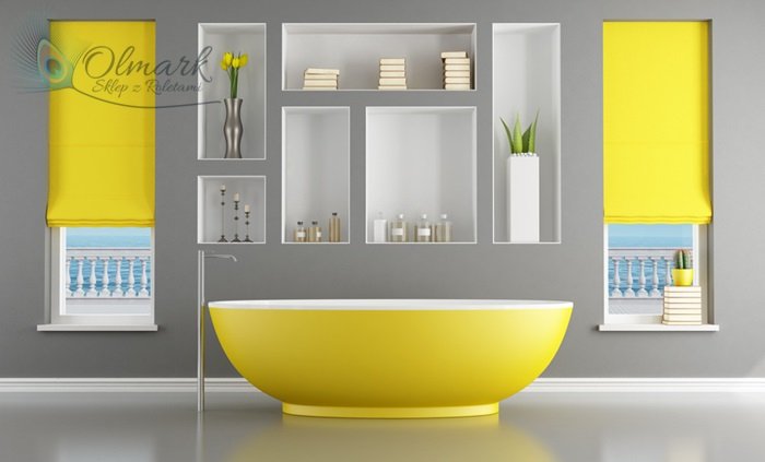 Cudowna łazienka w kolorach żółci na popielatym tle
