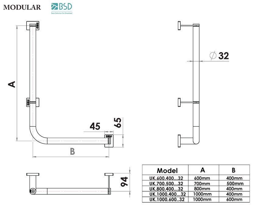 Winkelstützgriff 100/40 cm Edelstahl Ø32 mm – linke Montage – Stützgriff WC