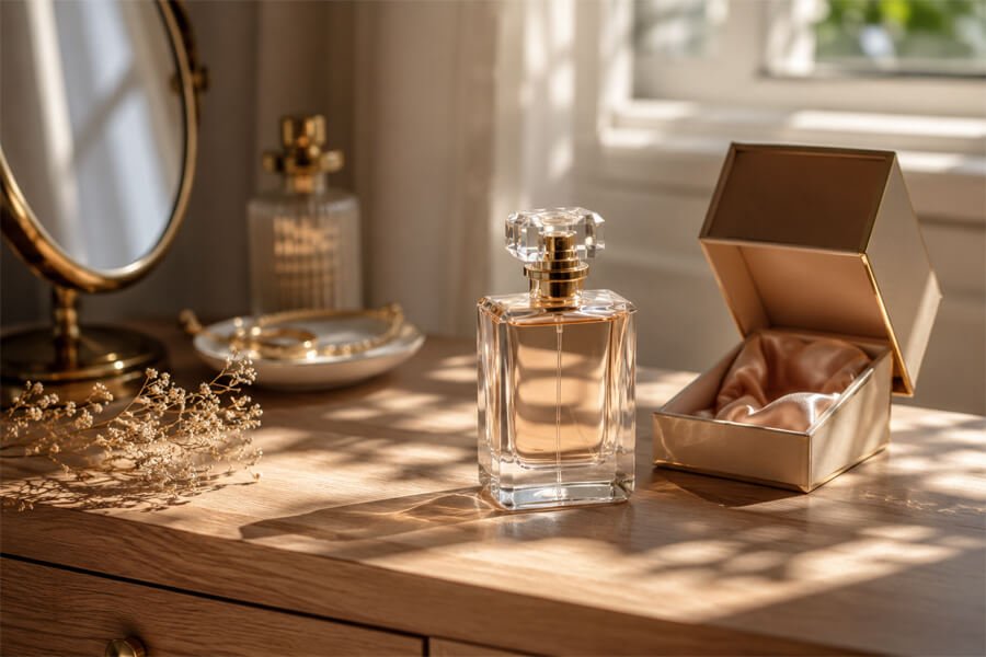 Flakon perfum na eleganckim porannym tle 