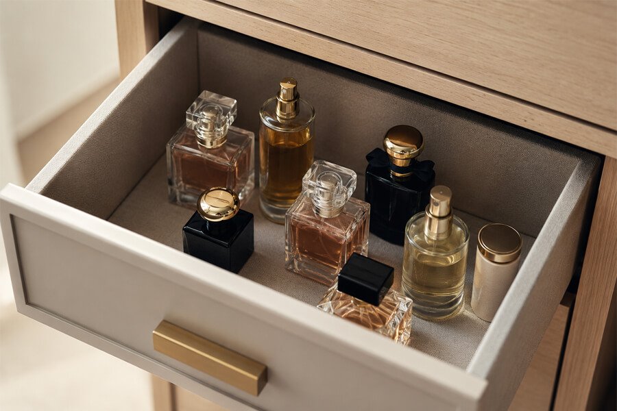 Perfumy przechowywane w szufladzie