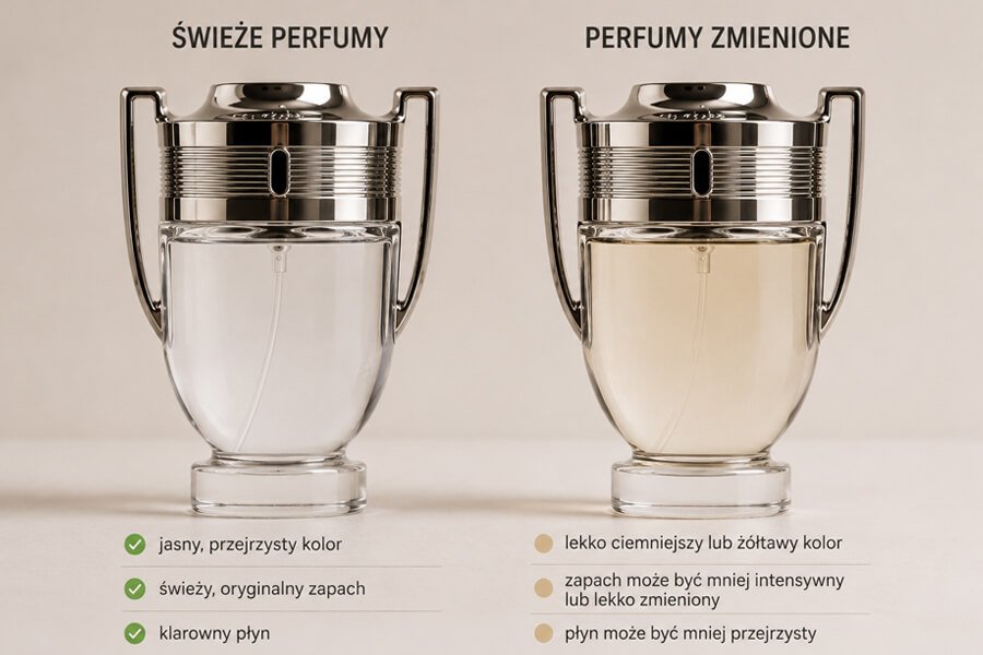 Porównanie dwóch flakonów, flakon nowych perfum i flakon z wyraźnie zmienionym kolorem płynu