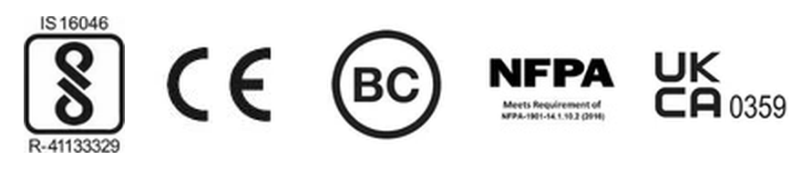 Oznaczenia: IS 16046, CE, BC, NFPA oraz UKCA 0359