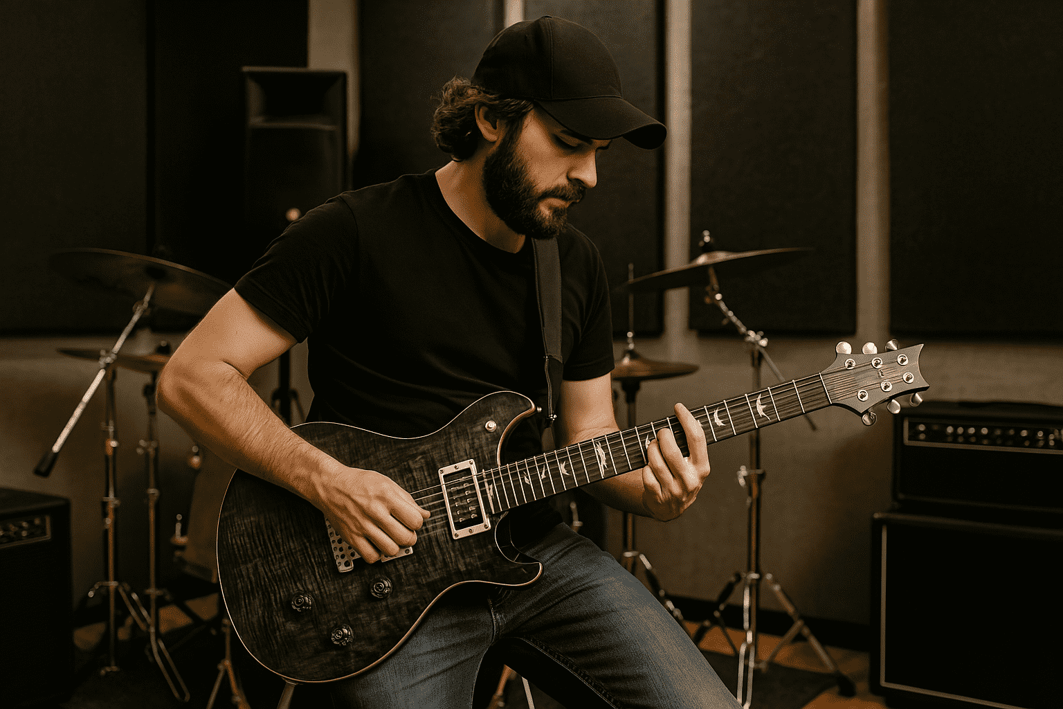 Gitarzysta grający na gitarze w sali prób