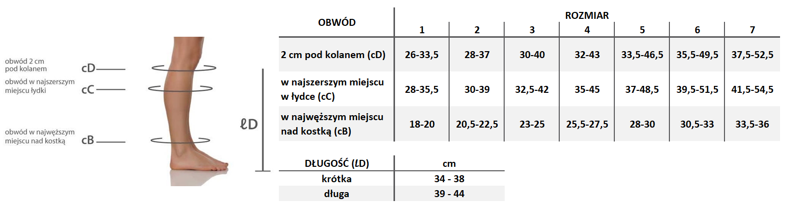 Tabela pomiarów Podkolanówki uciskowe Mediven Sheer&Soft