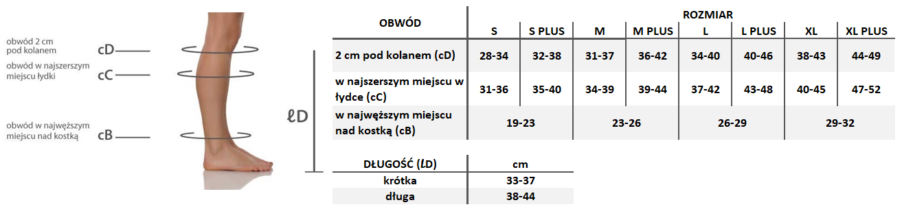 Tabela pomiarów Podkolanówki uciskowe Sigvaris Traditional CCL3