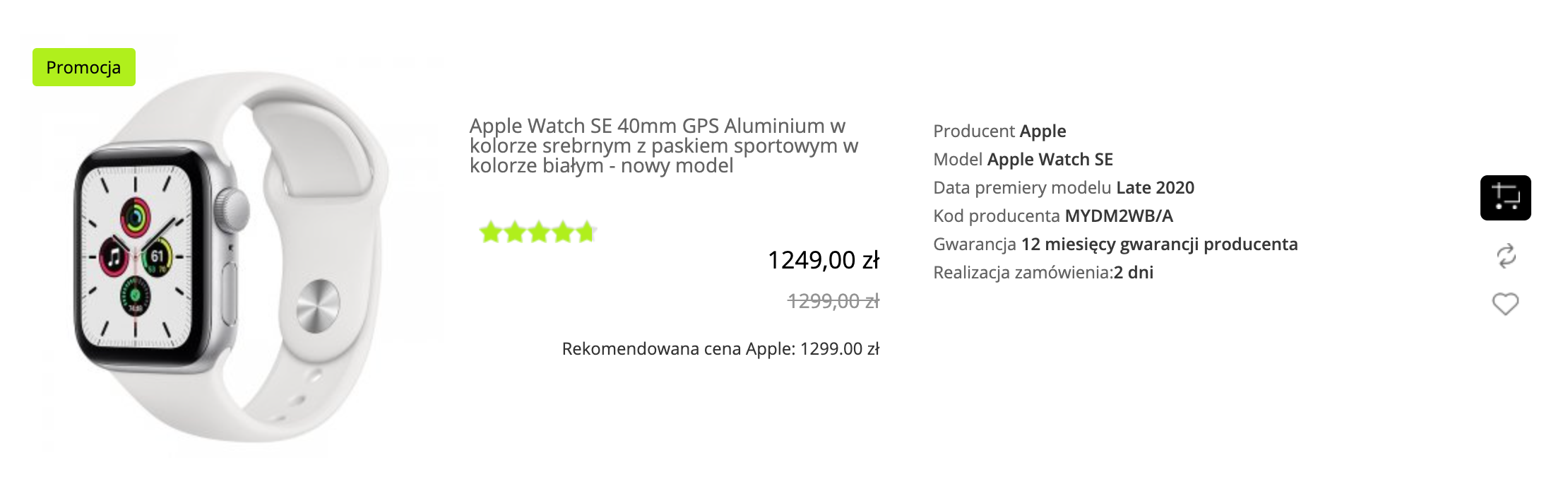 Apple Watch SE 40mm GPS Aluminium w kolorze srebrnym z paskiem sportowym w kolorze białym - MYDM2WB/A 