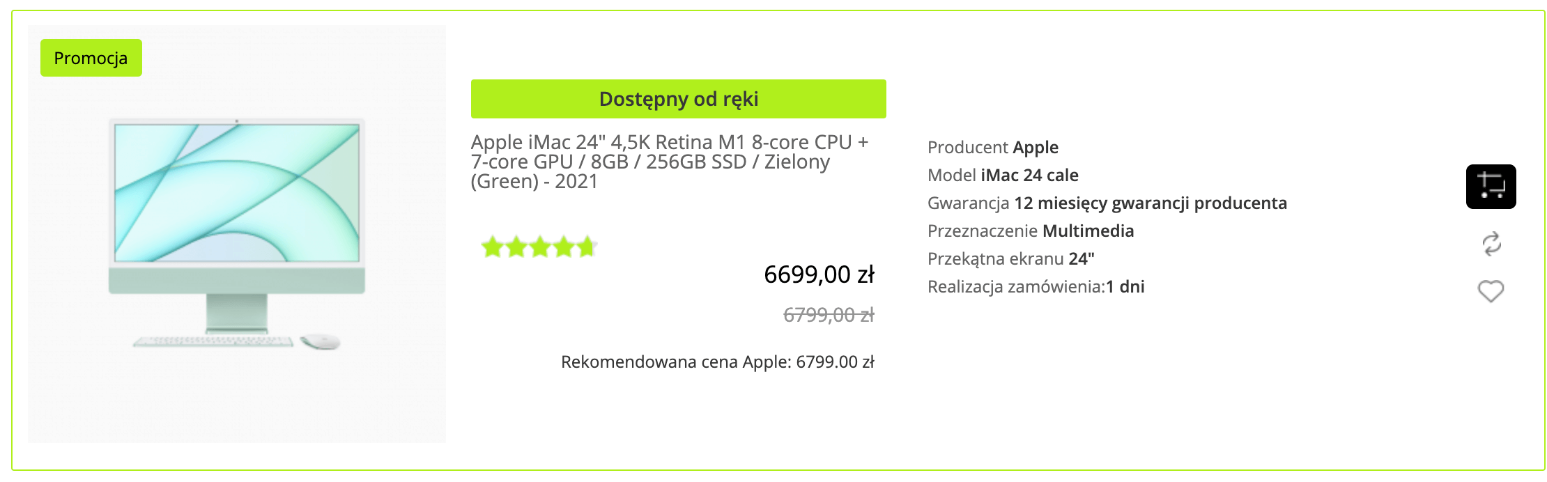 Apple iMac 24 4,5K Retina M1 8-core CPU + 7-core GPU / 8GB / 256GB SSD / Zielony (Green) - 2021 - MJV83ZE/A