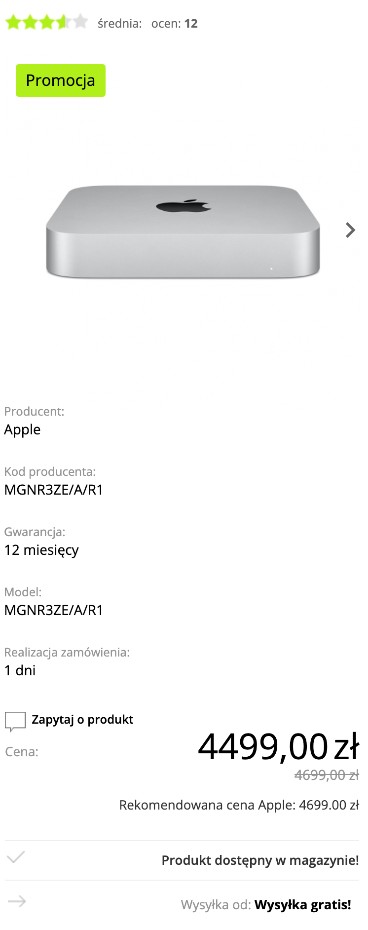 Apple Mac mini M1 16GB/256GB SSD/macOS Srebrny - MGNR3ZE/A/R1