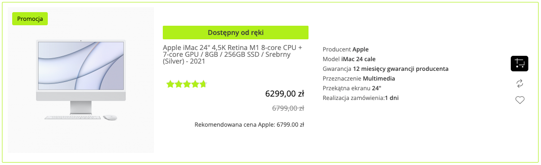 Apple iMac 24 4,5K Retina M1 8-core CPU + 7-core GPU / 8GB / 256GB SSD / Srebrny (Silver) - 2021 - MGTF3ZE/A