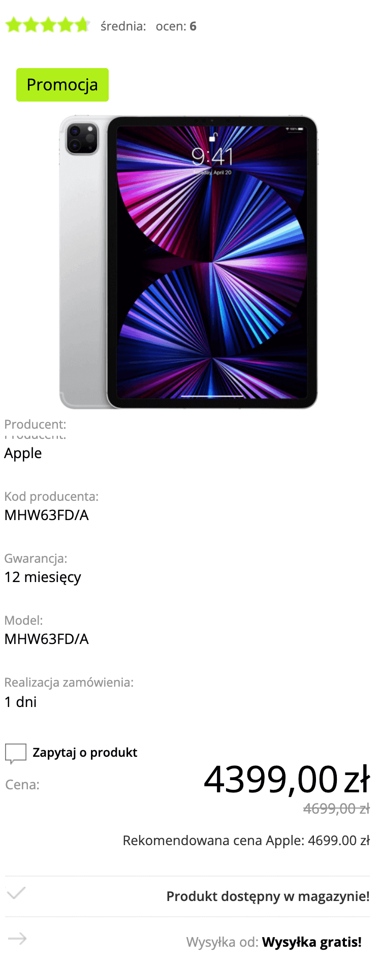 Apple iPad Pro 11 cala M1 128GB Wi-Fi + Cellular (5G) Srebrny (Silver) - 2021 - MHW63FD/A