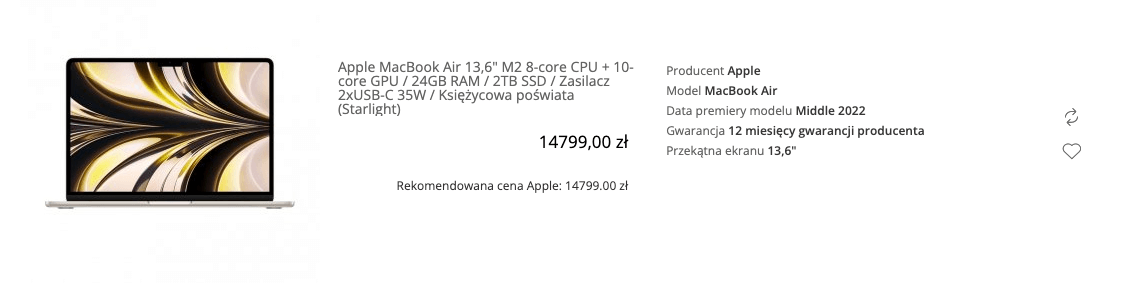 Apple MacBook Air 13,6 cala M2 8-core CPU + 10-core GPU / 24GB RAM / 2TB SSD / Zasilacz 2xUSB-C 35W / Księżycowa poświata (Starlight) - MLY13ZE/A/P1/R2/D3/Z1