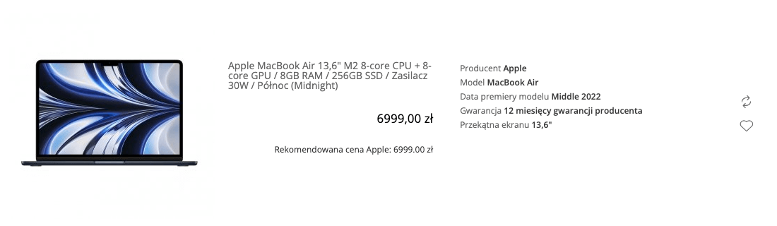 Apple MacBook Air 13,6 cala M2 8-core CPU + 8-core GPU / 8GB RAM / 256GB SSD / Zasilacz 30W / Północ (Midnight) - MLY33ZE/A