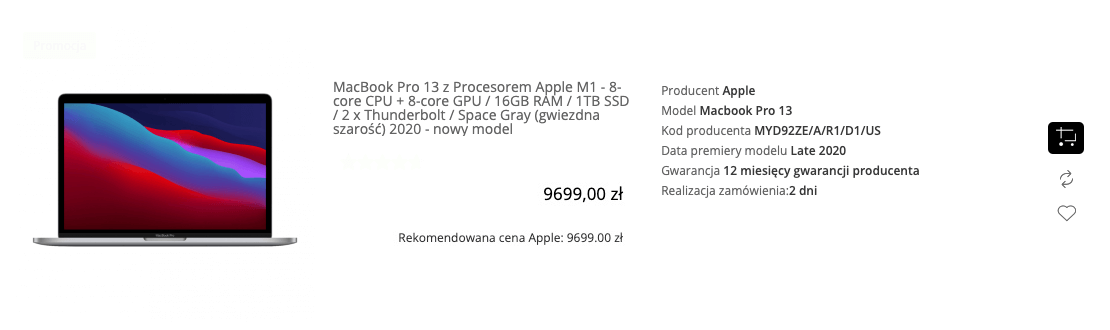 Apple MacBook Pro 13,3 cala M1/16GB/1TB SSD/macOS Gwiezdna Szarość - MYD92ZE/A/R1/D1/US