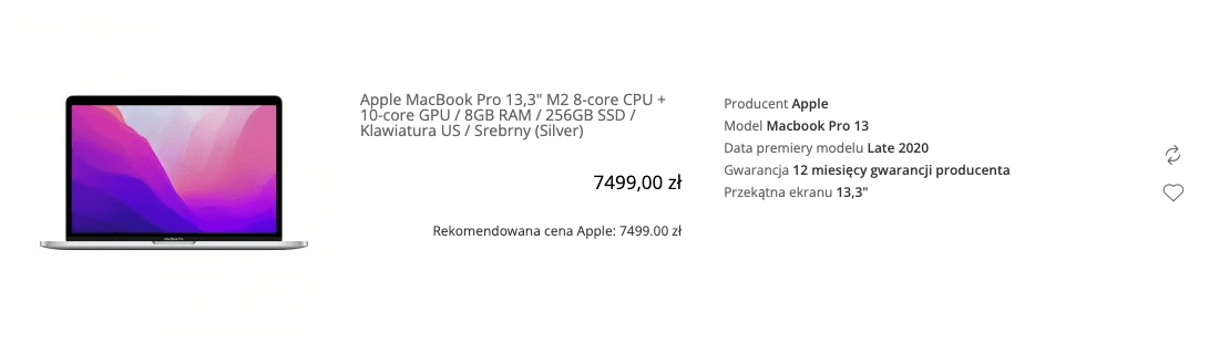 Apple MacBook Pro 13,3 cala M2 8-core CPU + 10-core GPU / 8GB RAM / 256GB SSD / Klawiatura US / Srebrny (Silver) - MNEP3ZE/A/US