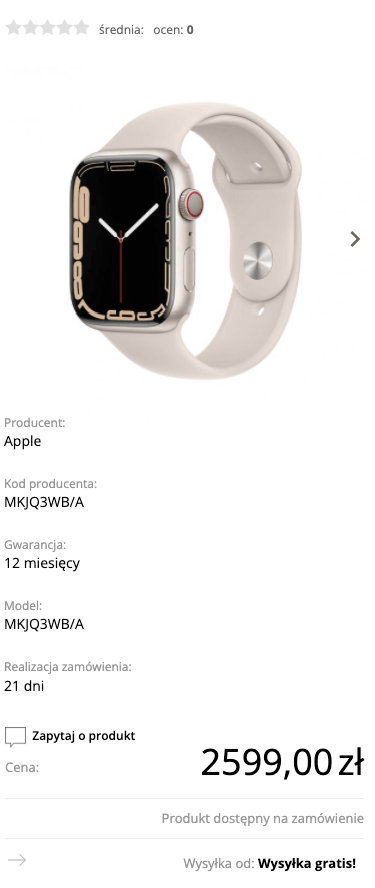 Apple Watch Series 7 45mm GPS + Cellular (LTE) Koperta z aluminium w kolorze księżycowej poświaty z paskiem sportowym w kolorze księżycowej poświaty - MKJQ3WB/A