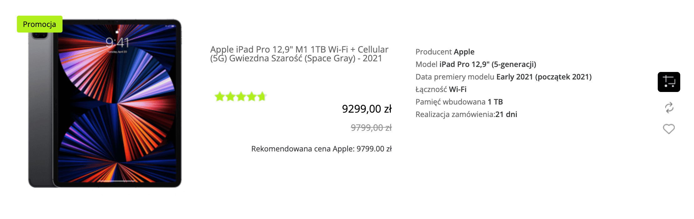 Apple iPad Pro 12,9 cala M1 1TB Wi-Fi + Cellular (5G) Gwiezdna Szarość (Space Gray) - 2021 - MHRA3FD/A