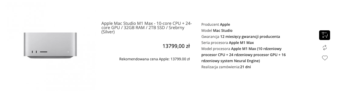  Apple Mac Studio M1 Max - 10-core CPU + 24-core GPU / 32GB RAM / 2TB SSD / Srebrny (Silver) - MJMV3ZE/A/D2