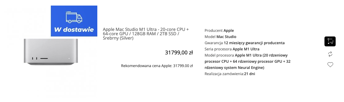 Apple Mac Studio M1 Ultra - 20-core CPU + 64-core GPU / 128GB RAM / 2TB SSD / Srebrny (Silver) - MJMV3ZE/A/P3/R2/D2