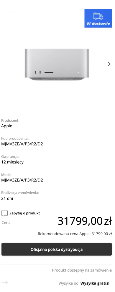 Apple Mac Studio M1 Ultra - 20-core CPU + 64-core GPU / 128GB RAM / 2TB SSD / Srebrny (Silver) - MJMV3ZE/A/P3/R2/D2