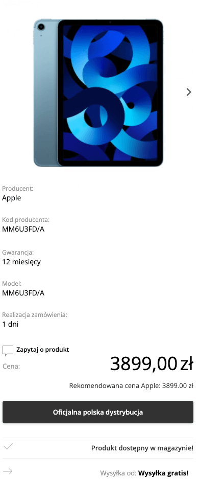 Apple iPad Air 5. generacji M1 10,9 cala 64GB Wi-Fi + Cellular (5G) Niebieski (Blue) - MM6U3FD/A