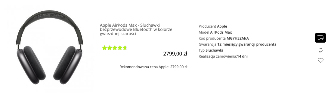 Apple AirPods Max Gwiezdna szarość - Słuchawki bezprzewodowe Apple - MGYH3ZM/A