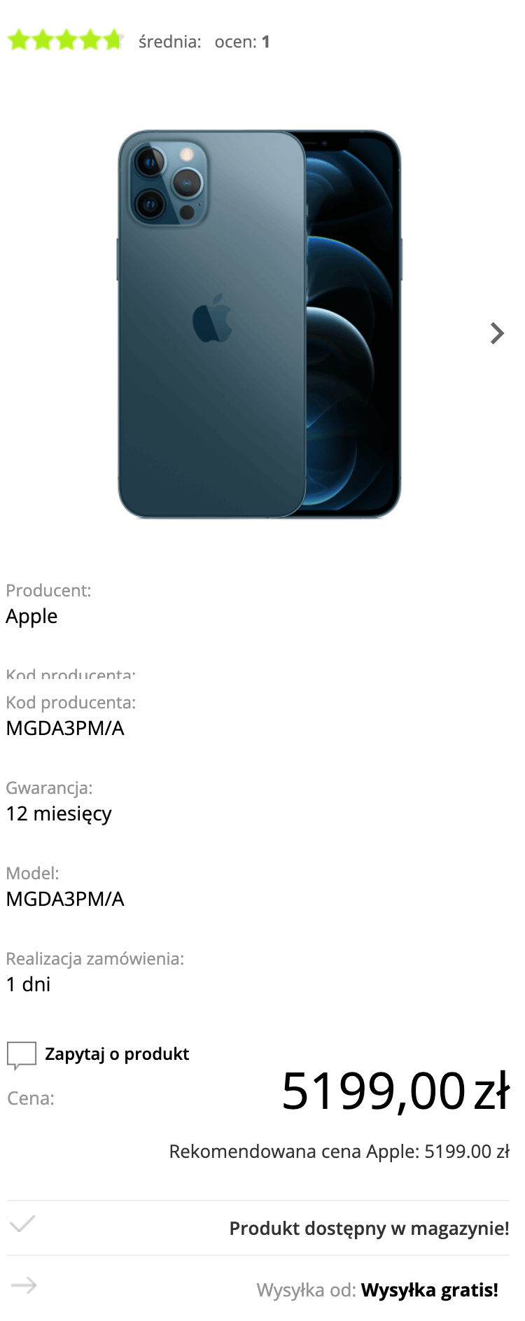 Apple iPhone 12 Pro Max 128GB Pacyficzny Niebieski (Pacific Blue) - MGDA3PM/A