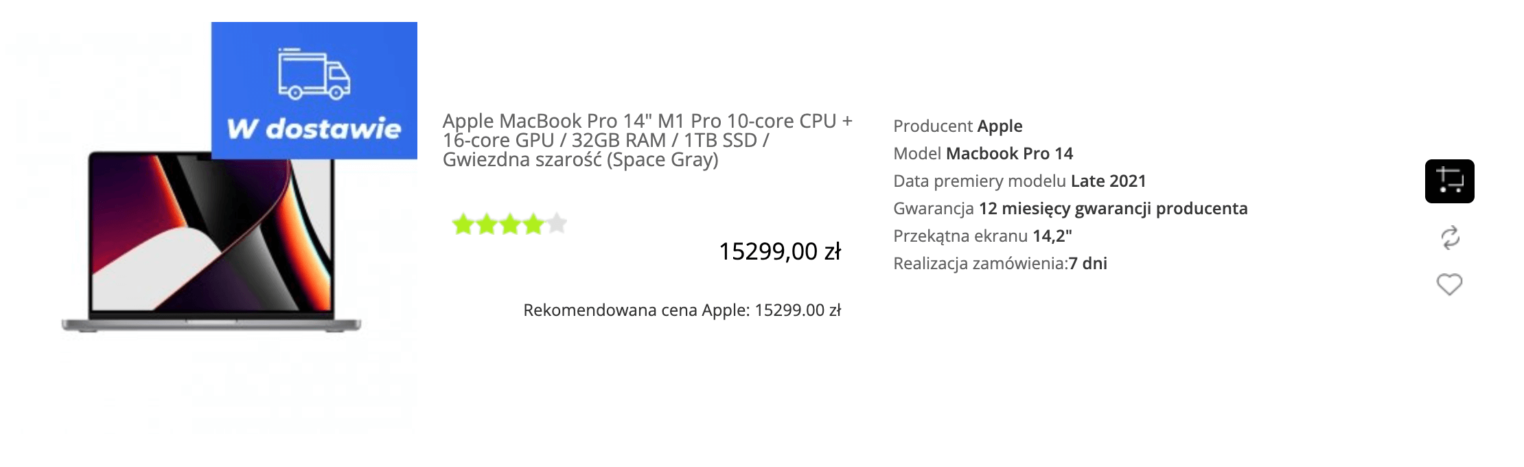 Apple MacBook Pro 14 cala M1 Pro 10-core CPU + 16-core GPU / 32GB RAM / 1TB SSD / Gwiezdna szarość (Space Gray) - MKGP3ZE/A/P2/R1/D1