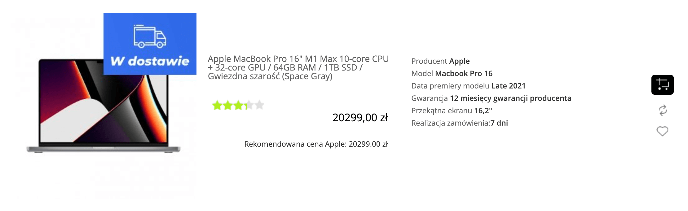 Apple MacBook Pro 16 cala M1 Max 10-core CPU + 32-core GPU / 64GB RAM / 1TB SSD / Gwiezdna szarość (Space Gray) - MK183ZE/A/P2/R2/D1