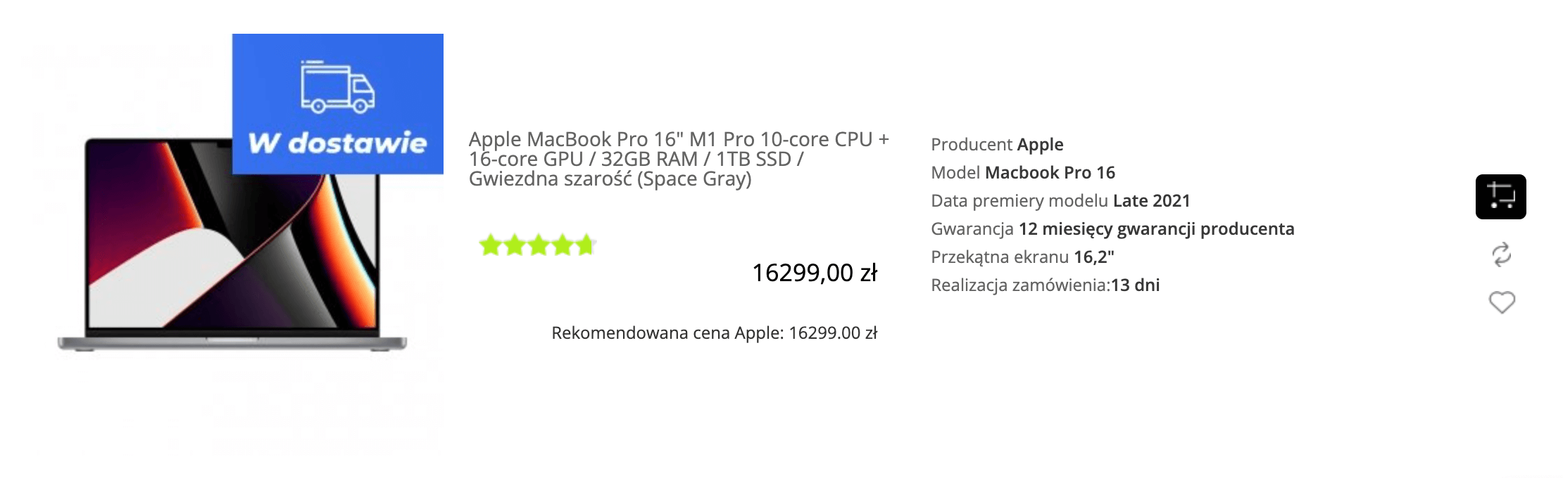 Apple MacBook Pro 16 cala M1 Pro 10-core CPU + 16-core GPU / 32GB RAM / 1TB SSD / Gwiezdna szarość (Space Gray) - MK183ZE/A/R1/D1