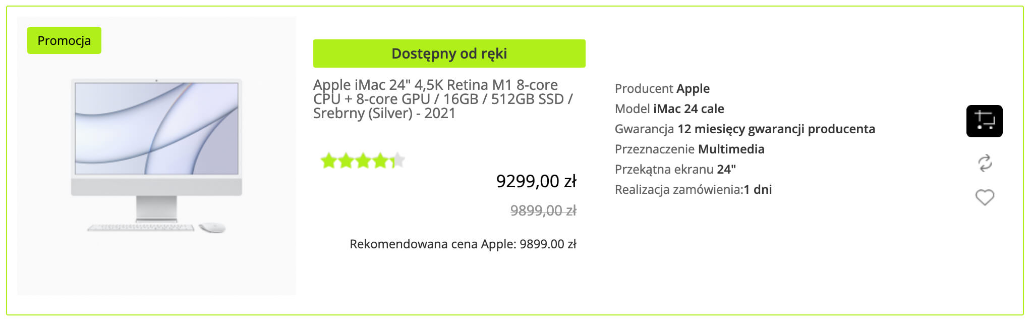 Apple iMac 24 cala 4,5K Retina M1 8 core CPU + 8 core GPU / 16GB / 512GB SSD / Srebrny (Silver) - 2021 - MGPC3ZE/A/R1/D1