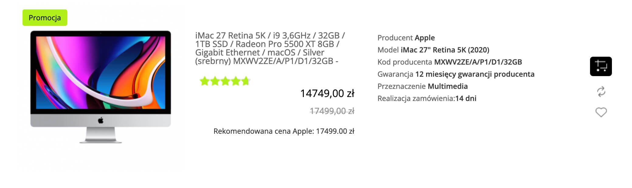 AApple iMac 27 5K Retina i9 3,6GHz/32GB/1TB SSD/macOS Srebrny - MXWV2ZE/A/P1/D1/32GB