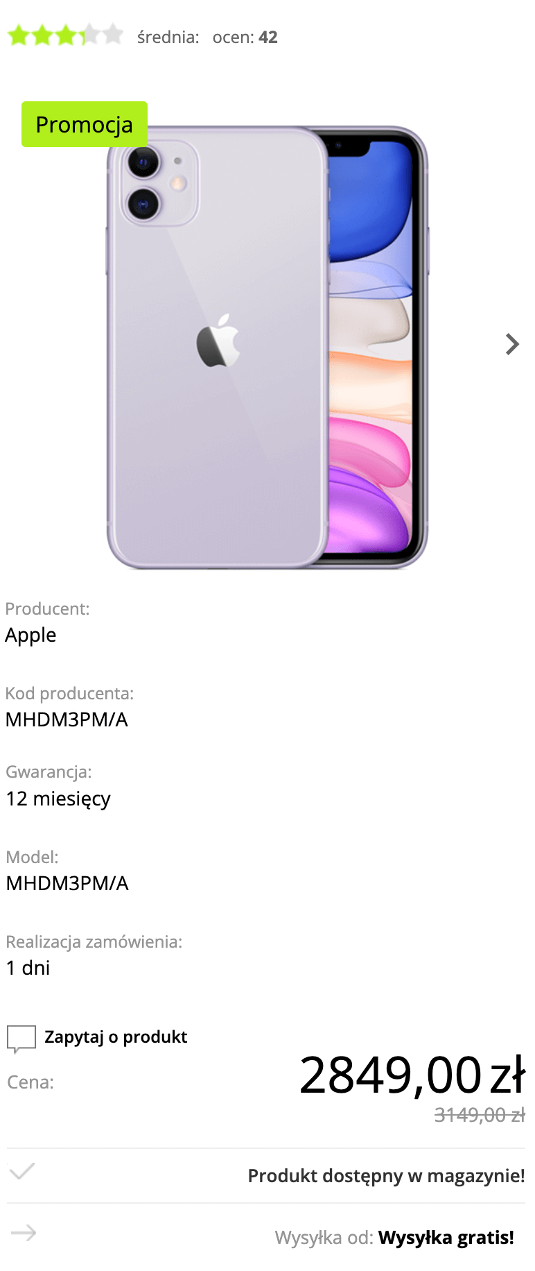 Apple iPhone 11 128GB Fioletowy (Purple) - MHDM3PM/A