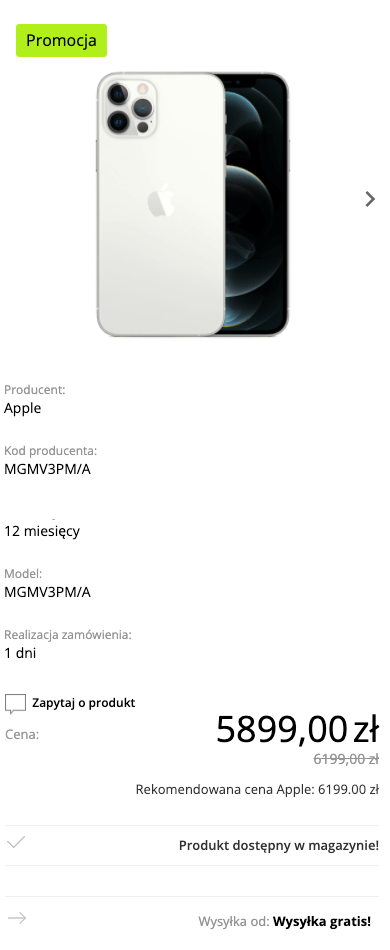 Apple iPhone 12 Pro 512GB Srebrny (Silver) - MGMV3PM/A 