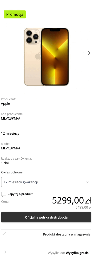 Apple iPhone 13 Pro 128GB Złoty (Gold) - MLVC3PM/A 