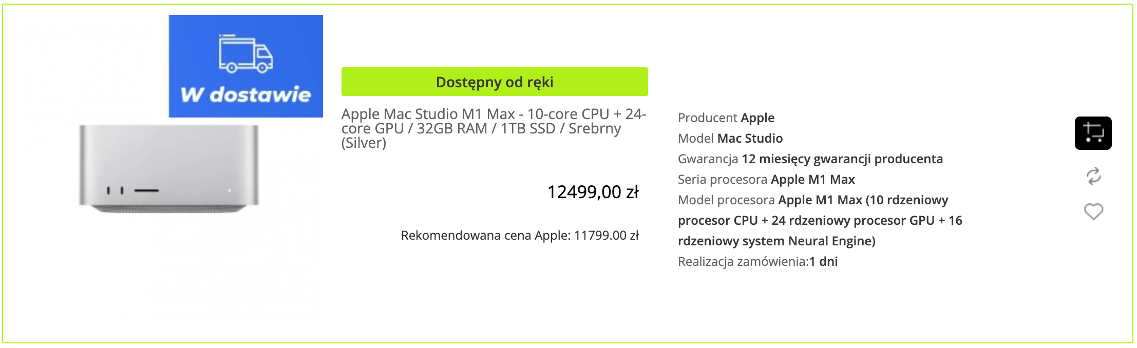 Apple Mac Studio M1 Max - 10-core CPU + 24-core GPU / 32GB RAM / 1TB SSD / Srebrny (Silver) - MJMV3ZE/A/D1
