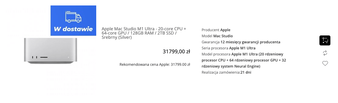 Apple Mac Studio M1 Ultra - 20-core CPU + 64-core GPU / 128GB RAM / 2TB SSD / Srebrny (Silver) - MJMW3ZE/A/P1/R1/D1