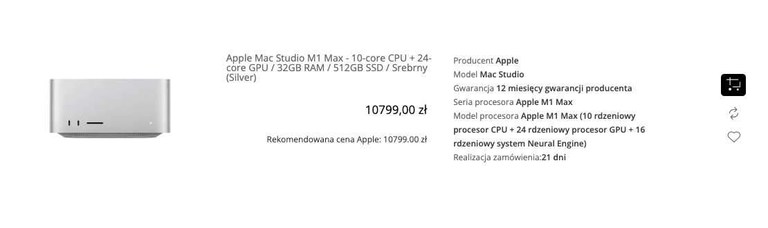 Apple Mac Studio M1 Max - 10-core CPU + 24-core GPU / 32GB RAM / 512GB SSD / Srebrny (Silver) - MJMV3ZE/A
