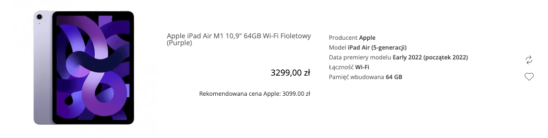 Apple iPad Air M1 10,9 cala 64GB Wi-Fi Fioletowy (Purple) - MME23FD/A