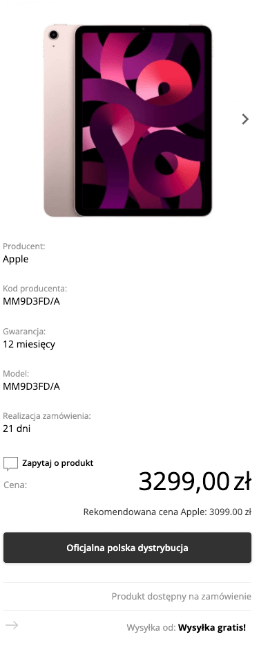 Apple iPad Air M1 10,9 cala 64GB Wi-Fi Różowy (Pink) - MM9D3FD/A