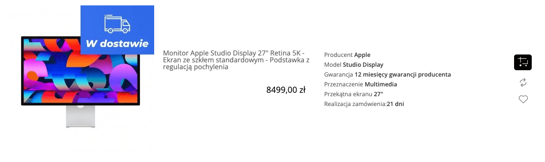 Monitor Apple Studio Display 27 cala Retina 5K - Ekran ze szkłem standardowym - Podstawka z regulacją pochylenia - MK0U3MP/A