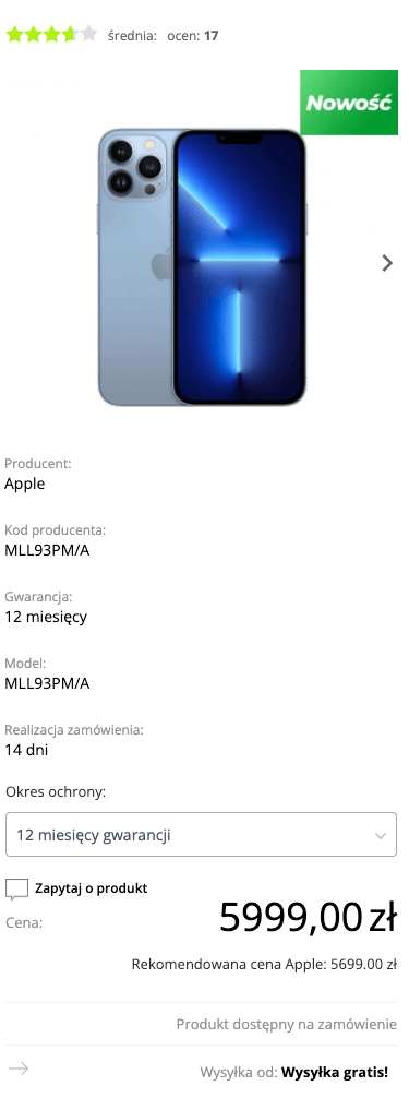 Apple iPhone 13 Pro Max 128GB Górski błękit (Sierra Blue) - MLL93PM/A