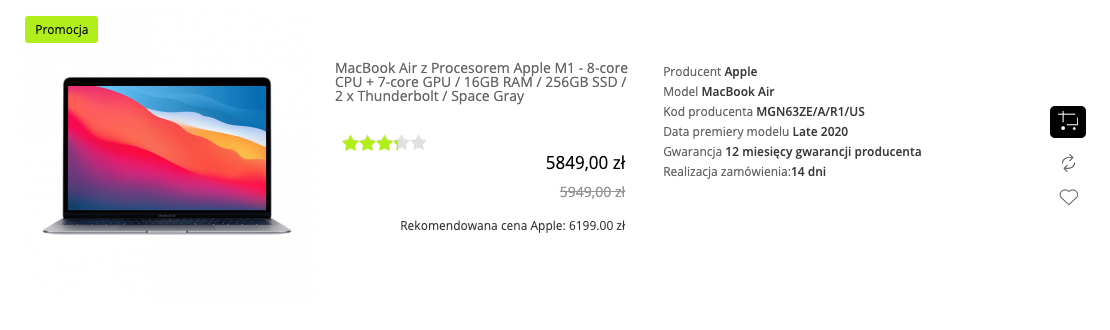 Apple MacBook Air 13,3 cala M1/16GB/256GB SSD/macOS Gwiezdna Szarość - MGN63ZE/A/US