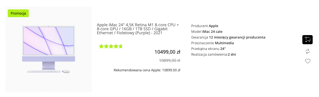 Apple iMac 24 cala 4,5K Retina M1 8 core CPU + 8 core GPU / 16GB / 1TB SSD / Gigabit Ethernet / Fioletowy (Purple) - 2021 - Z130/R1/D2
