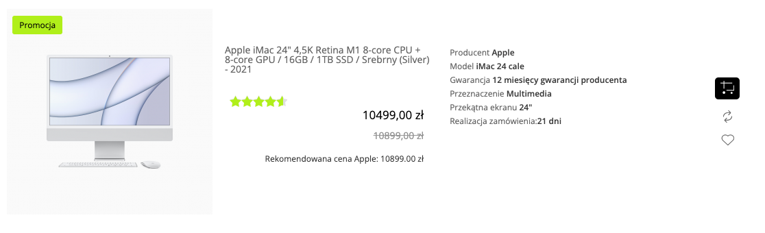 Apple iMac 24 cala 4,5K Retina M1 8 core CPU + 8 core GPU / 16GB / 1TB SSD / Srebrny (Silver) - 2021 - MGPC3ZE/A/R1/D2